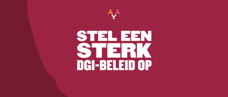 STEL EEN STERK DGI-BELEID OP visual graphic promoting strong policy formulation, bold text on deep red background with icons